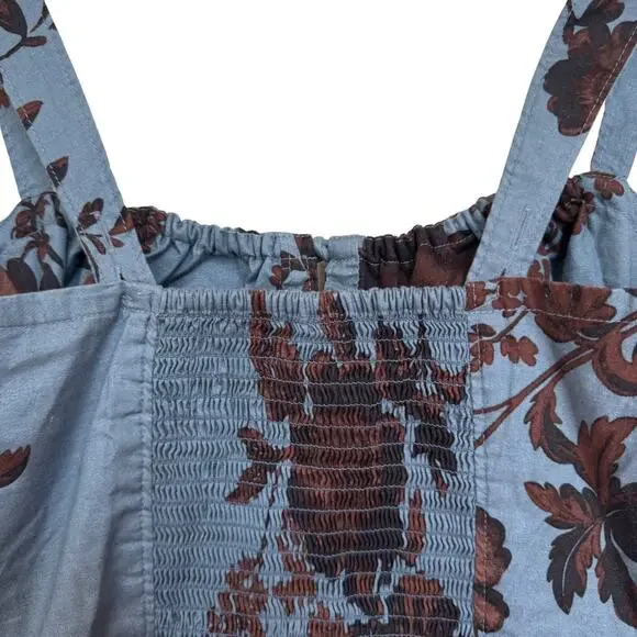 Free People Laters Baby Denim Blue Floral Midi Dress Storm Combo Size L Boho - Picture 7 of 9